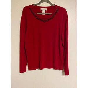 Judith Hart Collection Red Beaded Long Sleeve Top XL Viscose Silk Blend Sweater